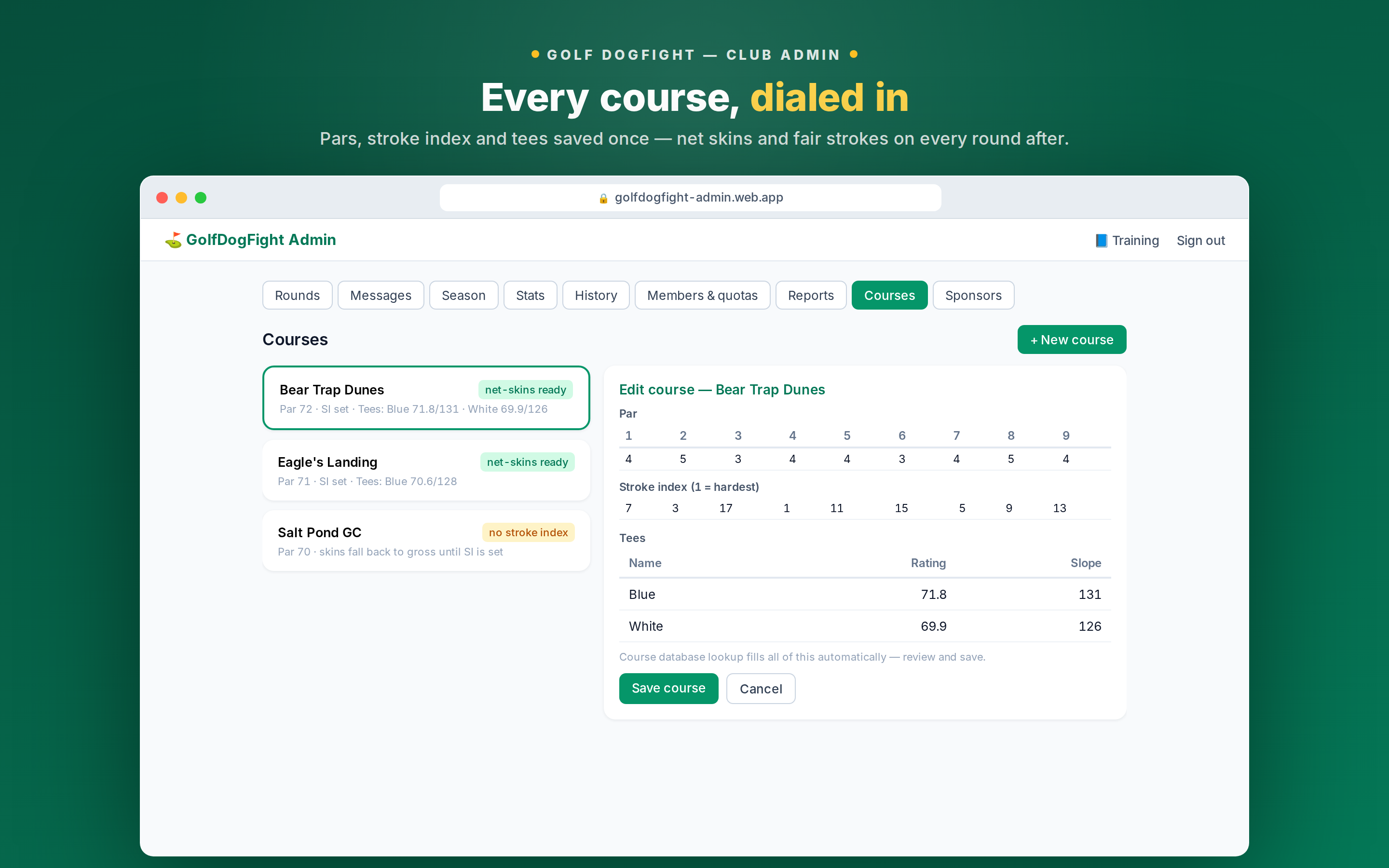 GolfDogFight admin Courses tab: saved course templates with pars, stroke index, and tees with rating and slope.