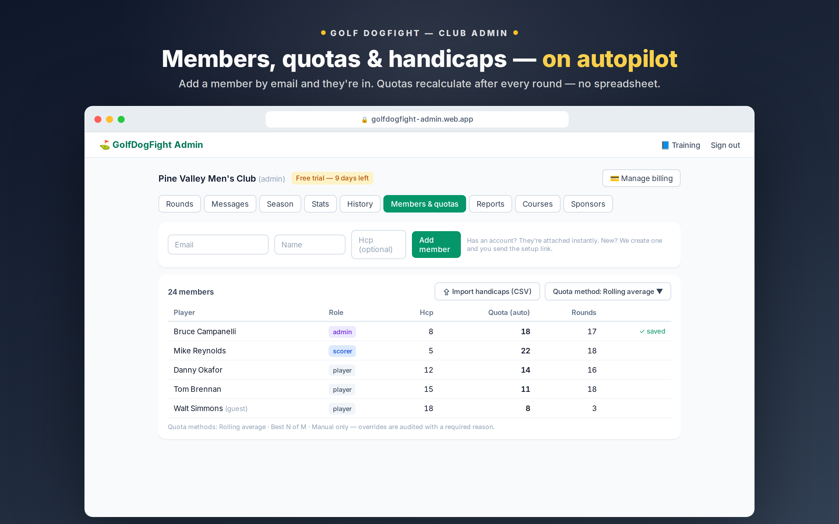 GolfDogFight admin Members and quotas tab: add member by email, handicap CSV import, auto-recalculating quotas, and per-group roles.