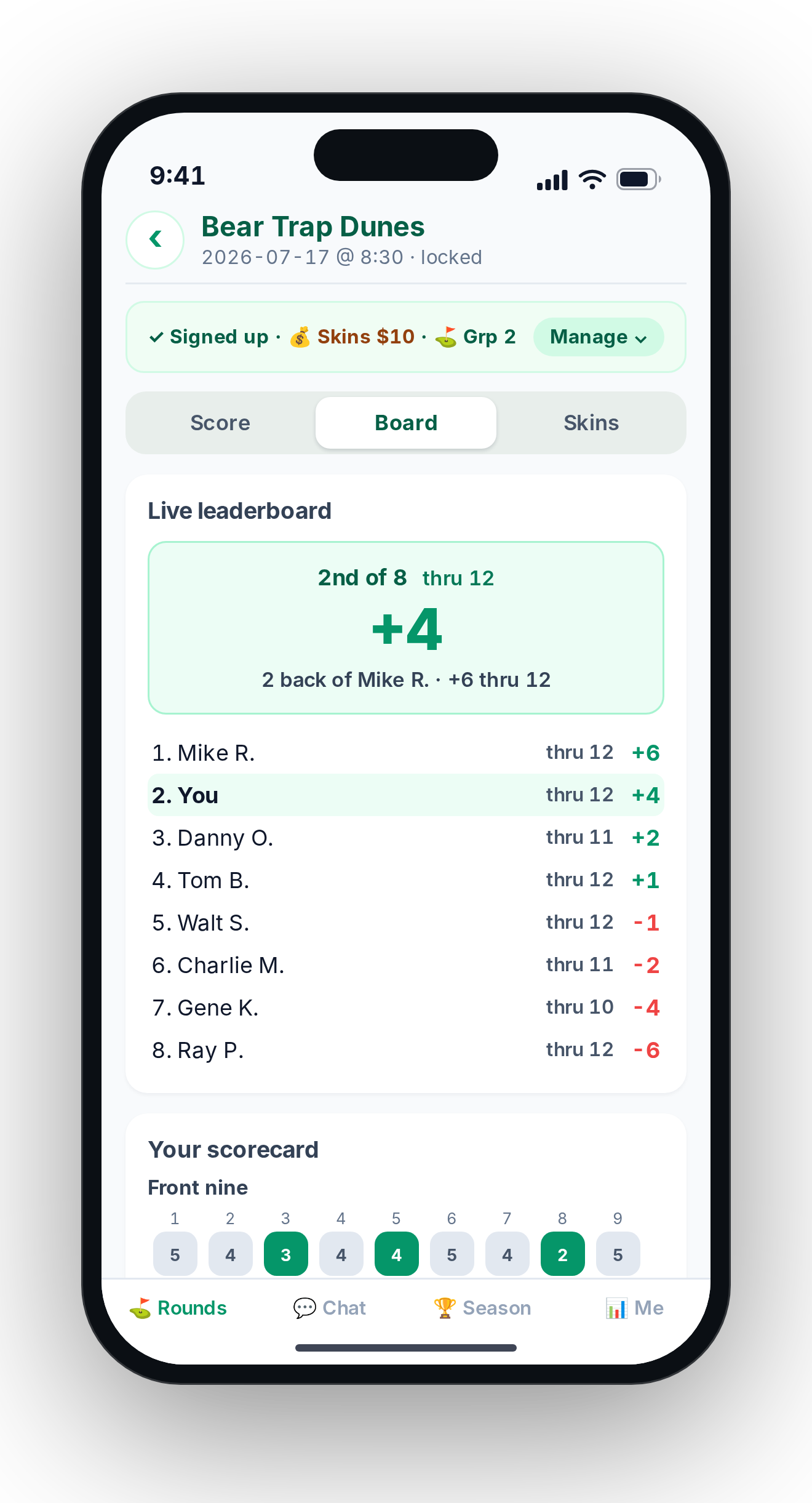 GolfDogFight live leaderboard: your rank and plus/minus hero card, the full field thru holes, and your scorecard below.