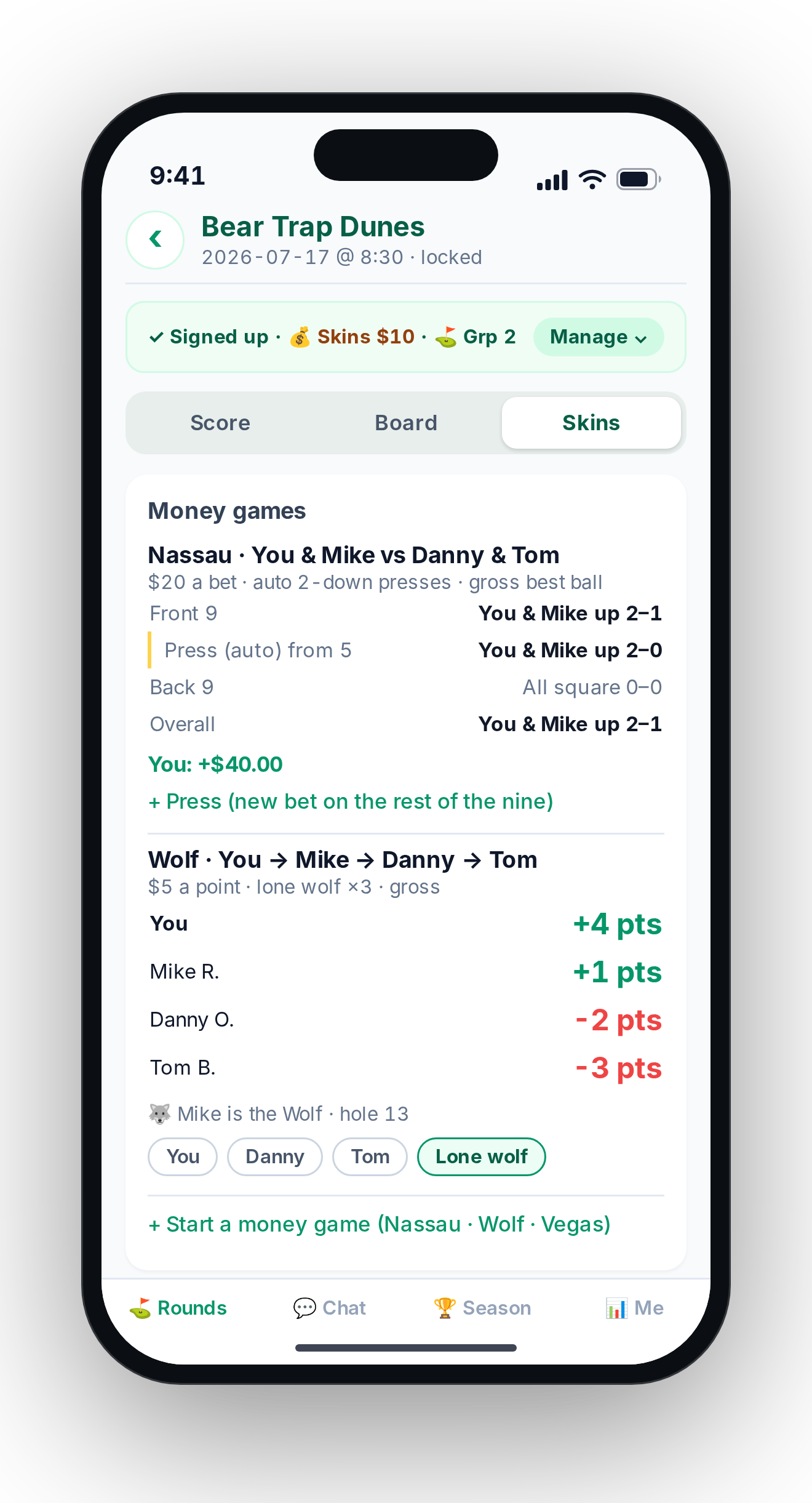 GolfDogFight money games card: a Nassau bet list with front, back, overall and an auto press, Wolf points with the current Wolf and pick chips, and combined projected money.