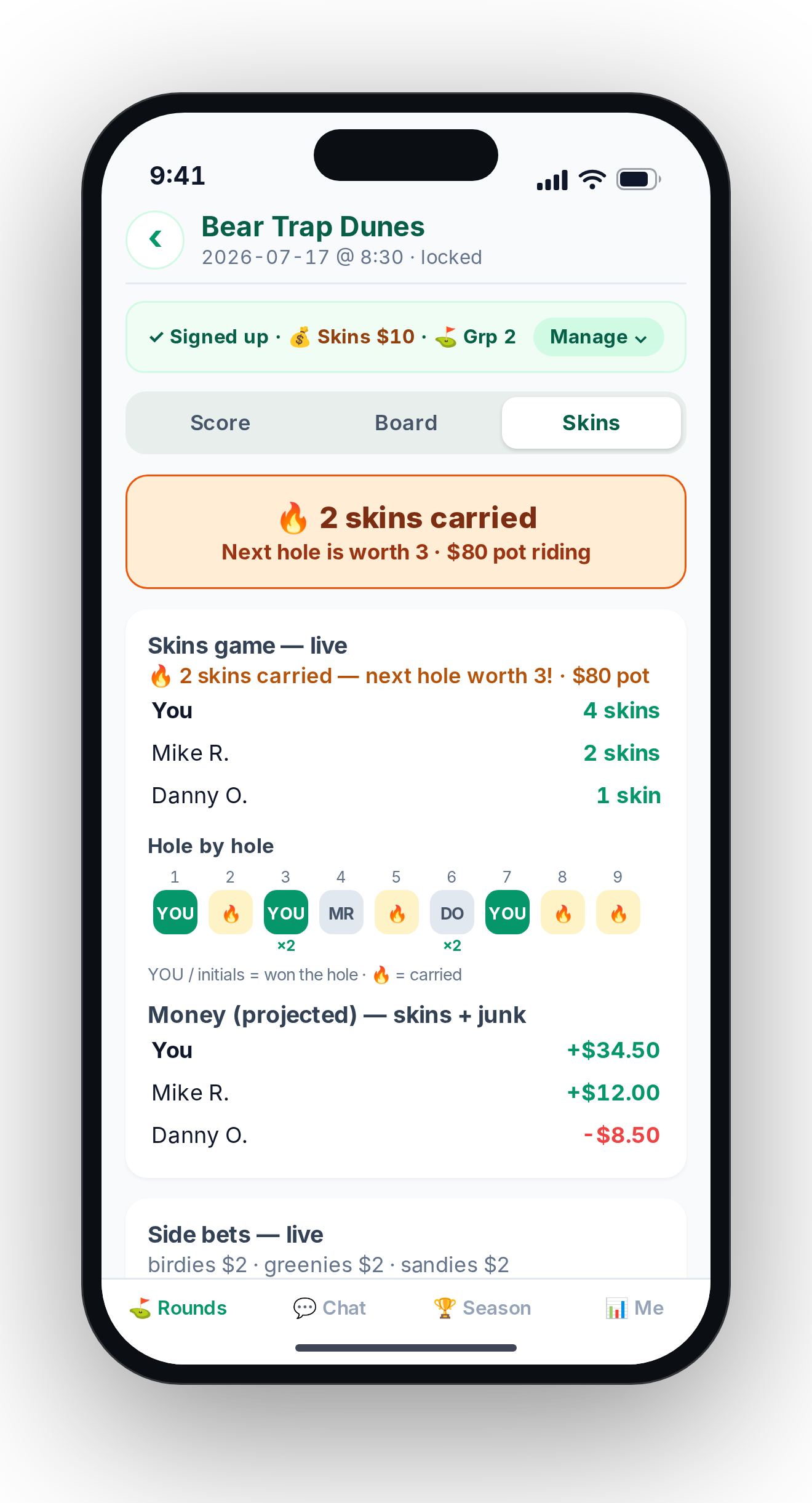 GolfDogFight skins screen: carryover banner, live skins counts, hole-by-hole winners grid, and projected money.